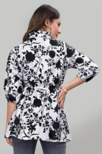 Trendy White Floral Crepe Tunic with Ruffle Neck and Three Quarter Sleeves