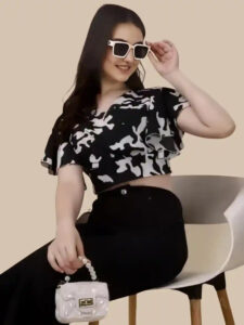 Women’s Black Floral Crepe Crop Top with Flared Sleeves and V-Neck Design