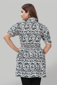 Women’s Black Solid Crepe Top with Ruffle Collar and Tie-Up Neck