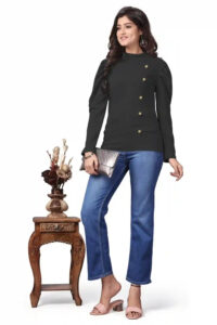 Women’s Black Solid Polyester Top with Puff Sleeves and Casual Fit