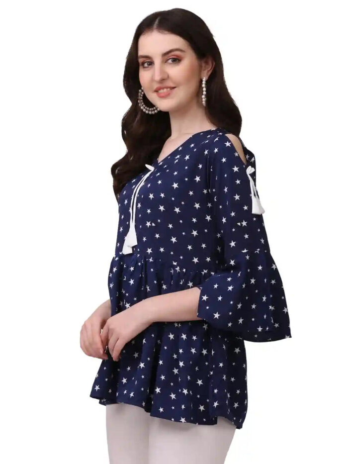 Women’s Blue Crepe Tunic with V-Neck and Star Design for Stylish Wear