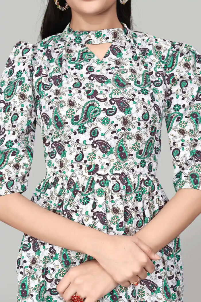 Women’s Green Crepe Tunic Top with Keyhole Neck and Floral Mango Design