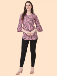Women’s Peach Crepe Tunic Top with Three Quarter Sleeves and Keyhole Neck