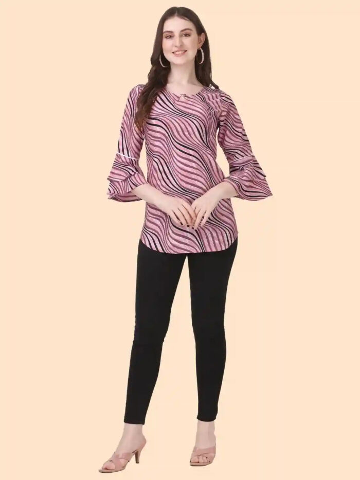 Women’s Peach Crepe Tunic Top with Three Quarter Sleeves and Keyhole Neck