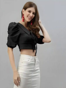 Women’s Stylish Black Polyester Crop Top for Casual & Party Wear