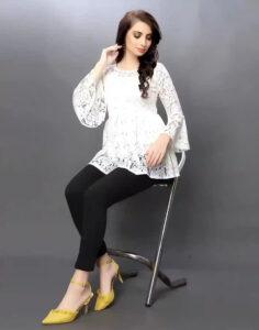 Women’s White Crepe Inner Top with Russle Net and Three Quarter Sleeves