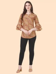 Women’s Yellow Keyhole Neck Striped Tunic with Three Quarter Sleeves