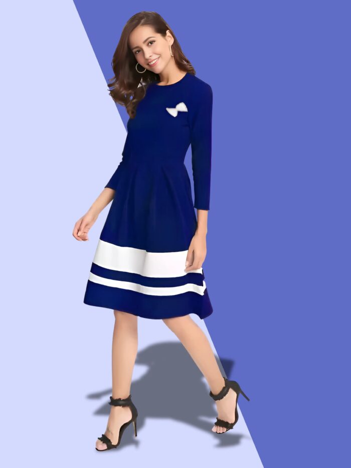 ZELZIS Blue Colour Block Skater Dress for Women - Crepe Fabric