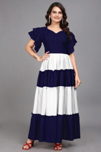 ZELZIS Blue Colourblocked Flared Maxi Dress for Women