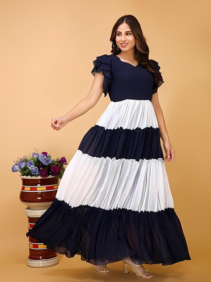 ZELZIS Blue Colourblocked Flared Sleeve Maxi Dress