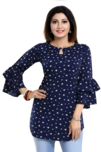ZELZIS Blue Star Print Crepe Tunic with Keyhole Neck – Stylish Casual Wear