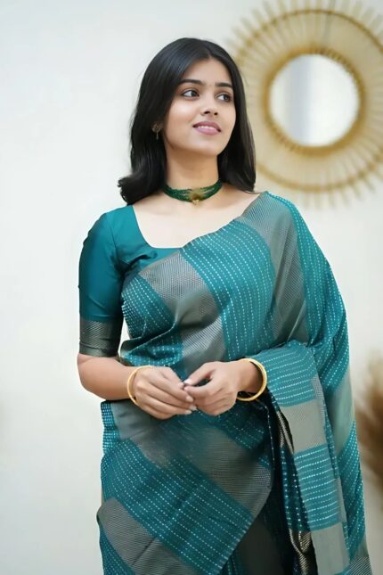 ZELZIS Fashion online Shopping Women Green Latest Self Designer Jacquard Sarees With Unstich Blouse Piece