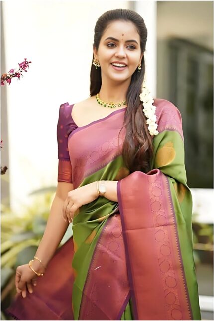 ZELZIS Fashion online Shopping Women Green Solid Premium Jacquard Sarees With Unstich Blouse Piece