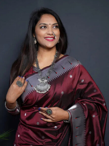 ZELZIS Fashion online Shopping Women Maroon Primiuam Solid Silver Line Jacquard Sarees With Unstich Blouse Piece