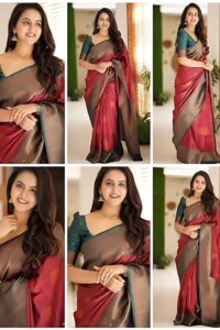 ZELZIS Fashion online Shopping Women Red Solid Premium Jacquard Sarees With Unstich Blouse Piece