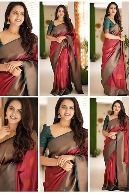 ZELZIS Fashion online Shopping Women Red Solid Premium Jacquard Sarees With Unstich Blouse Piece