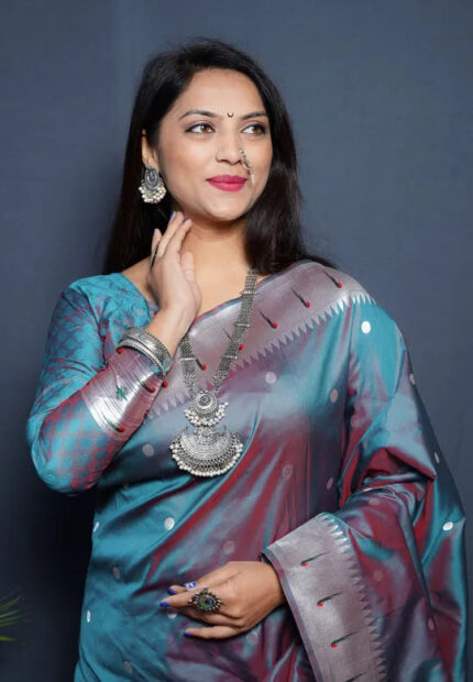 ZELZIS Fashion online Shopping Women Teal Premium Solid Silver Line Jacquard Sarees With Unstich Blouse Piece
