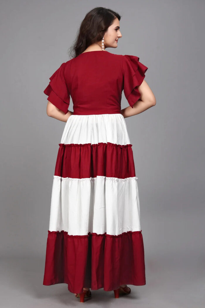 ZELZIS Maroon Colourblocked Flared Maxi Dress for Women