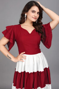 ZELZIS Maroon Colourblocked V Neck Maxi Dress for Women