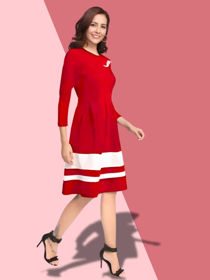 ZELZIS Red Colour Block Skater Dress for Women - Crepe Fabric