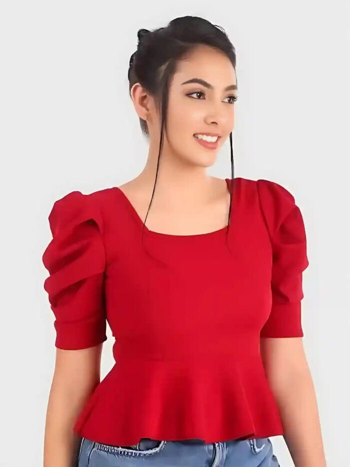 ZELZIS Red Polyester Puff Sleeve Top for Women Stylish Casual & Party Wear