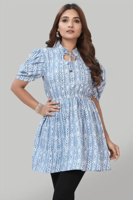 ZELZIS Sky Blue Crepe Ruffle Collar Top – Stylish Casual Wear for Women