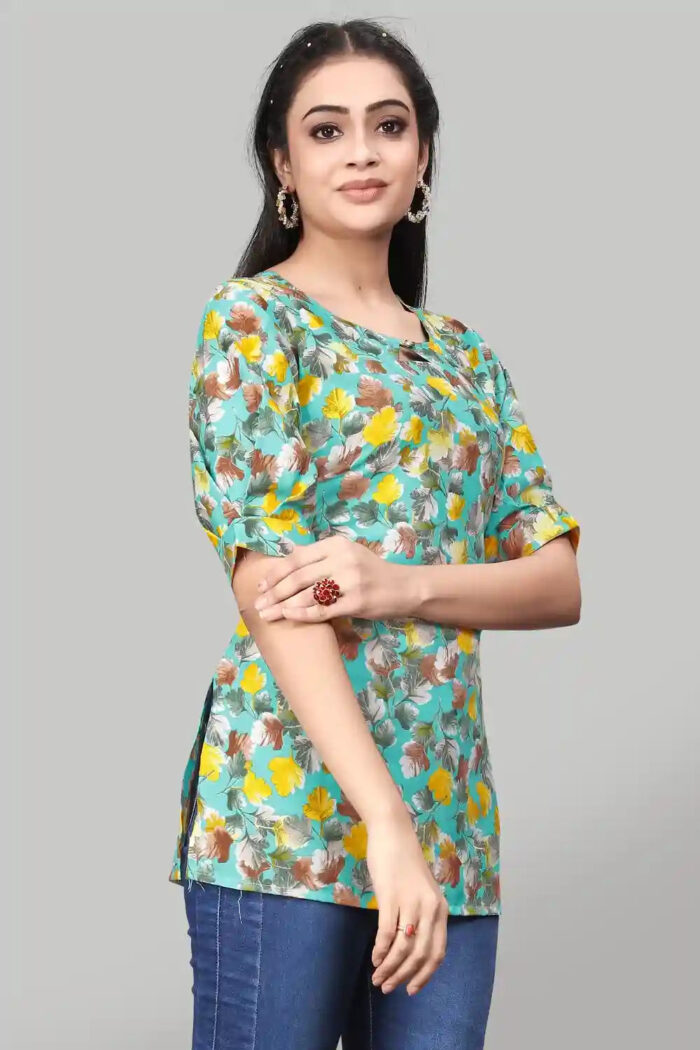 ZELZIS Sky Green Crepe Tunic with Floral Design for Women’s Casual & Party Occasions