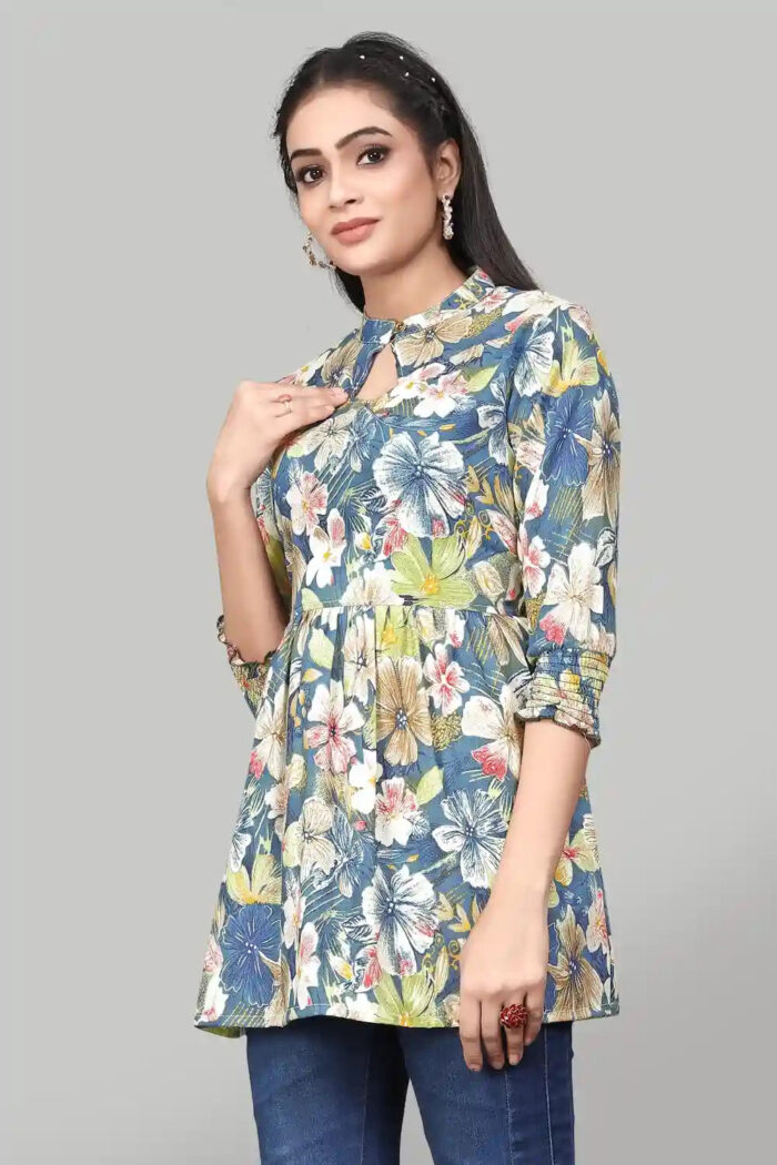 ZELZIS Teal Floral Rayon Tunic with Keyhole Neck for Women – Casual & Party Wear