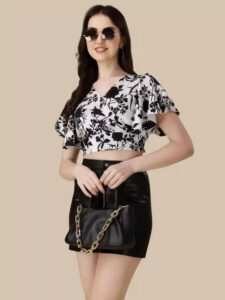 ZELZIS White Floral V-Neck Crop Top with Flared Sleeves for Women