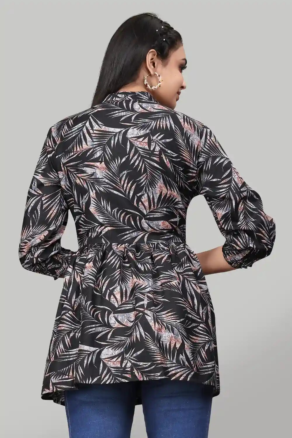 ZELZIS Women’s Black Floral Rayon Tunic with Three Quarter Sleeves