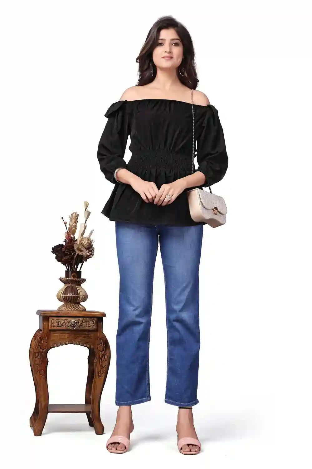 ZELZIS Women’s Black Off Shoulder Top with Three Quarter Sleeves