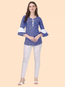 ZELZIS Women’s Blue Crepe Top with White Polka Dots and Button Neck