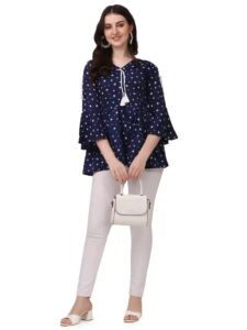 ZELZIS Women’s Blue Crepe Tunic with Star Print and Three Quarter Sleeves