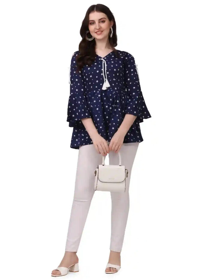 ZELZIS Women’s Blue Crepe Tunic with Star Print and Three Quarter Sleeves
