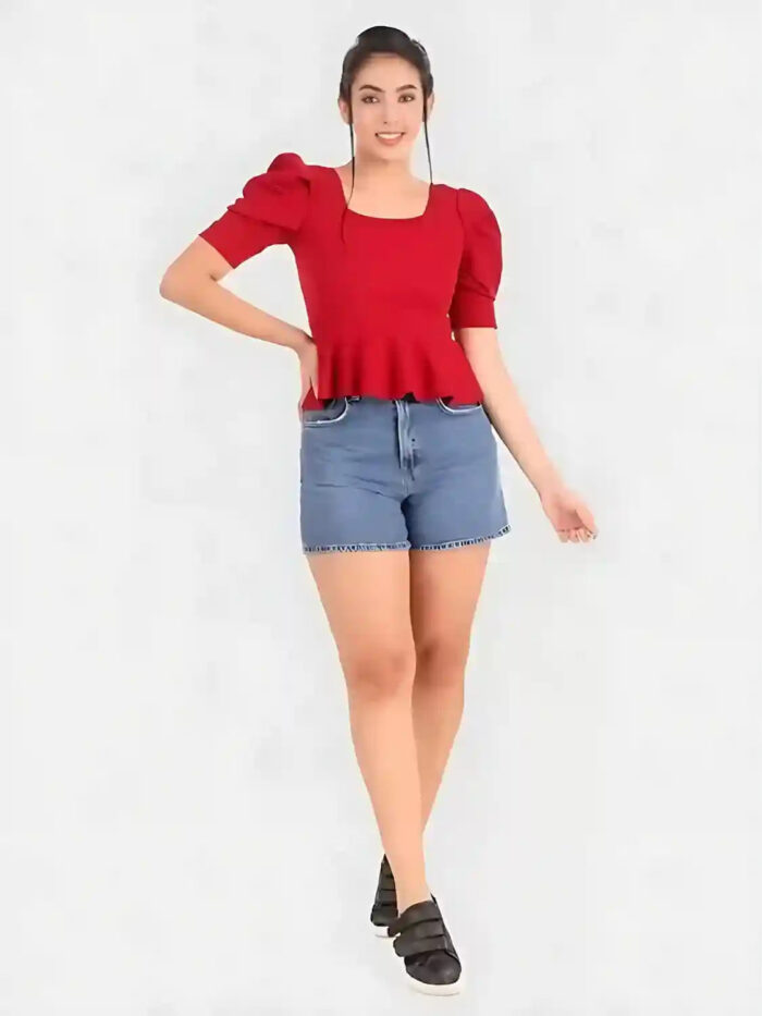 ZELZIS Women’s Red Polyester Puff Sleeve Tunic Comfortable & Trendy Look