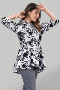 ZELZIS Women’s White Floral Tunic with Ruffle Neck for Casual & Party Wear