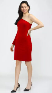 ZELZIS red one shoulder fitted dress for women stylish casual wear