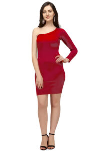 ZELZIS red solid bodycon one shoulder dress for women knee length