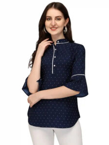 Zelzis women blue crepe polka dot tunic top for casual and party wear