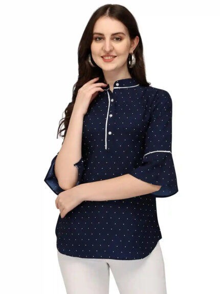 Zelzis women blue crepe polka dot tunic top for casual and party wear
