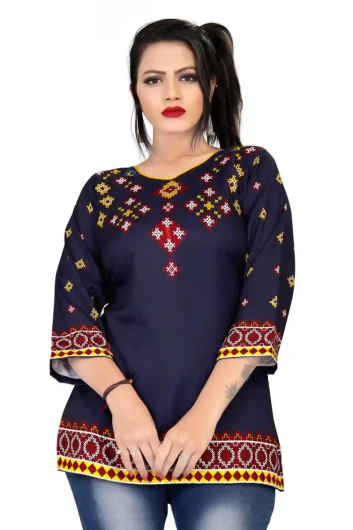 Zelzis women blue pink rayon digital printed tunic top
