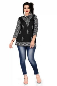 Zelzis women's black digital print hip length tunic for party wear
