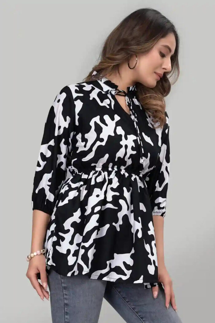 Zelzis women’s black floral pattern crepe tunic with ruffle neck