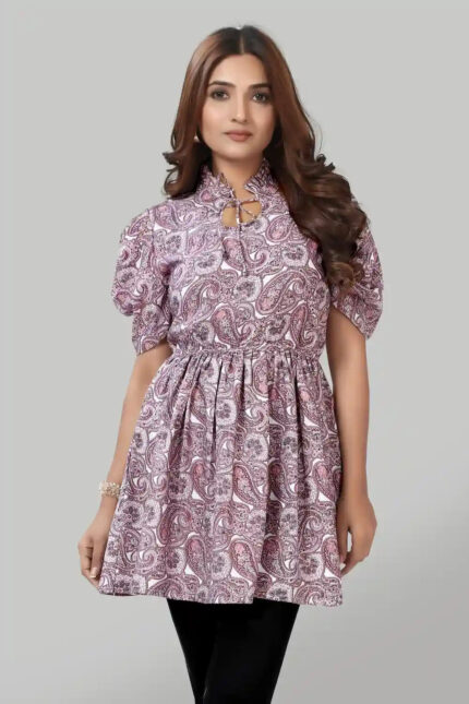 Zelzis women's peach floral tie-up neck solid crepe ruffle top