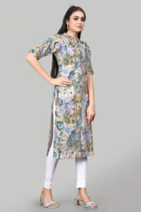 Zelzis women's teal round neck floral kurti
