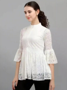 Zelzis women’s white casual top with coding net and crepe lining