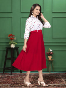 Ankle length red & white crepe Christmas party dress