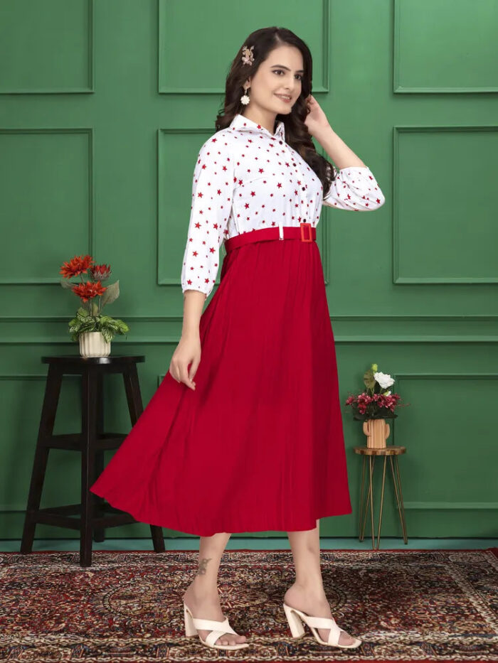 Ankle length red & white crepe Christmas party dress