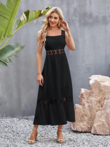 Black flower crochet wide strap stylish midi dress