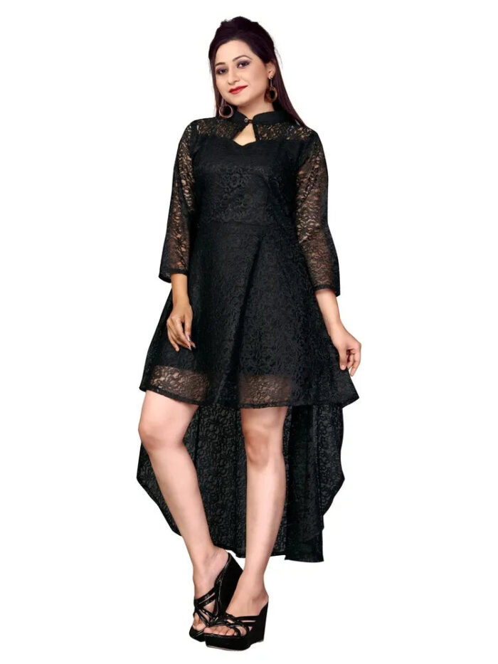 Black super flower net high low casual dress